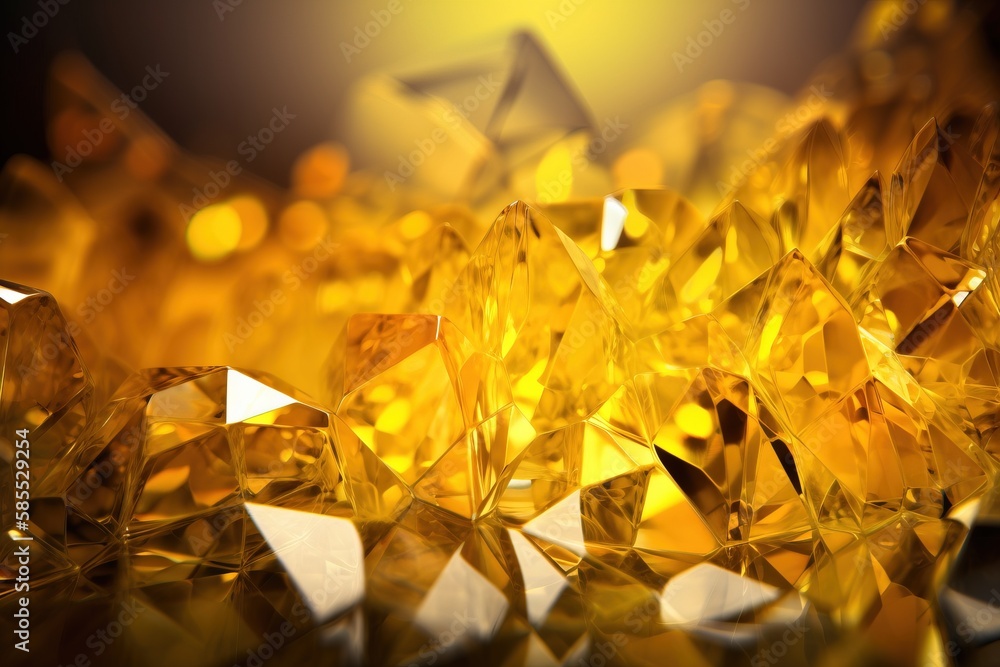 Poster a close up of a bunch of yellow diamond like objects with a black background and a yellow light in t