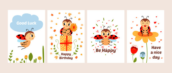 Ladybugs cards, ladybug print posters. Cute funny bug flying, sitting on flower. Summer baby characters, pretty cartoon insects. Kids classy vector set