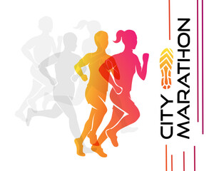 Colorful silhouettes of running people. Conceptual vector illustration of marathon. Sport background with mans and womans in active lifestyle.