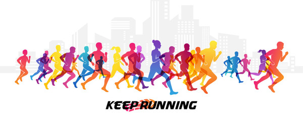 Colorful silhouettes of running people. Conceptual vector illustration of marathon. Sport background with mans and womans in active lifestyle.