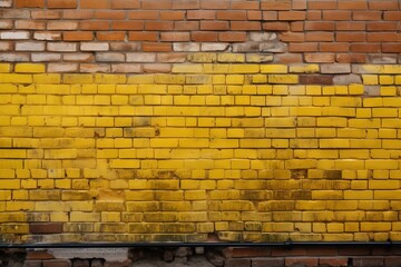  a yellow brick wall with a bench in front of it and a red brick wall behind it with a clock on the side of the wall.  generative ai