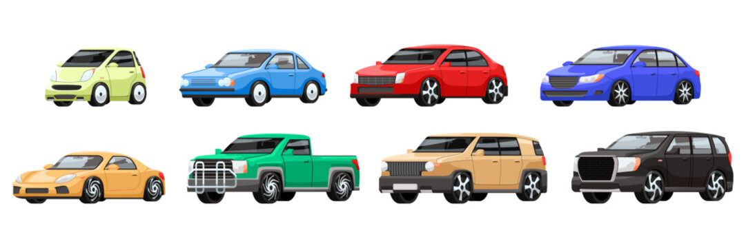 Set of cartoon cars isolated on white background. Flat style vehicles with silver disks and black tires. Colorful colors of body paint automobile icons side view. Funny car toys. Vector illustration