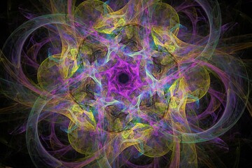 Multicolored floral pattern of crooked waves on a black background. Abstract fractal 3D rendering