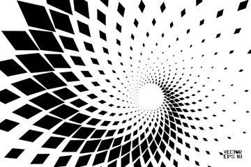 Abstract Black and White Geometric Pattern with Squares. Spiral-like Spotted Tunnel. Contrasty Halftone Optical Psychedelic Illusion. Vector. 3D Illustration