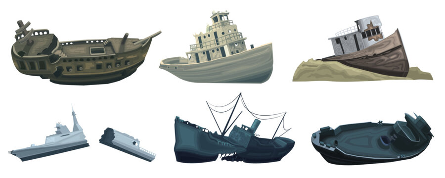 Set of sunken ships on seabed isolated on white background. Wooden and steel battleship after wreck or attack. Destroyed wreck ship. Broken vessel in underwater sea bottom. Flat Vector illustration