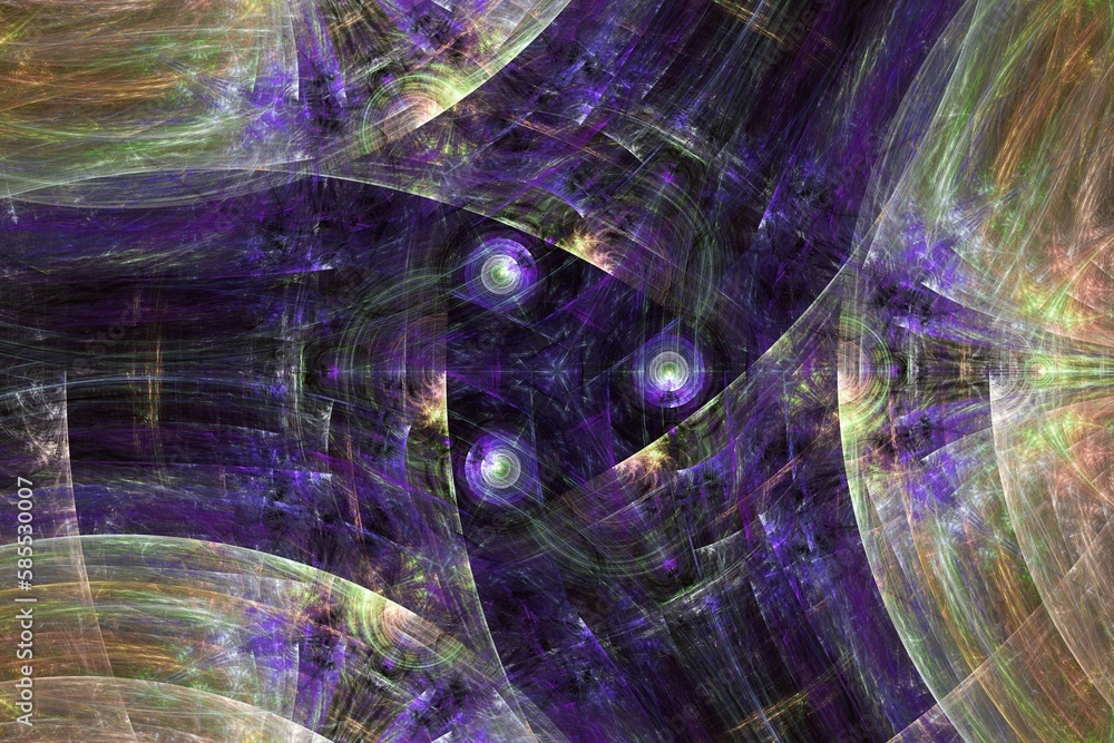 Poster purple orange pattern of curved waves and shapes on a black background. abstract fractal 3d renderin