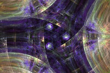 Purple orange pattern of curved waves and shapes on a black background. Abstract fractal 3D rendering