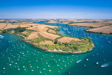 Aerial view of Salcombe Harbour and Snapes Point from a drone, Kingsbridge Estuary, Salcombe, South Hams, Devon, England