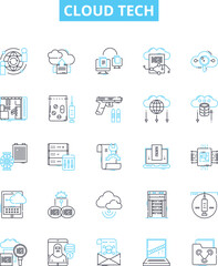 cloud tech vector line icons set. cloud, tech, computing, storage, infrastructure, platform, hosting illustration outline concept symbols and signs