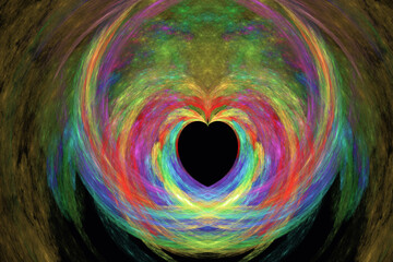 Fototapeta premium Multicolored pattern of crooked waves with a small heart on a black background. Abstract fractal 3D rendering
