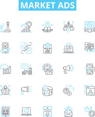 Market ads vector line icons set. Advertising, Markets, Promotions, Placement, Commercials, Campaigns, Spots illustration outline concept symbols and signs