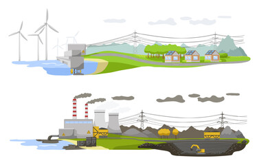 Banner ecology day. Before after alternative energy nature life on planet. Different pollution in environment. Renewable wind power generation. Ecological concept landscape poster. Vector illustration