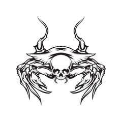 Black and white Illustration vintage engraving crab with skull head with hand drawing style
