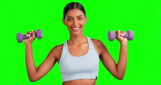 Green screen, face or happy fitness woman with dumbbells for exercise workout in zumba class, dynamic training or studio aerobics. Sports portrait, smile or athlete weights in isolated dance mockup