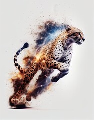 Fast Cheetah with Unique Galaxy on White Background