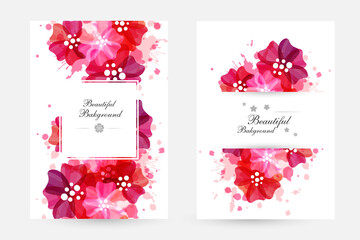 Romantic background with red and pink flowers and paint splashes.