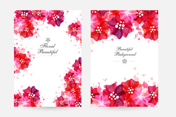 Romantic background with red and pink flowers and paint splashes.