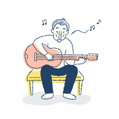 ギターを弾きながら歌っているシニア男性