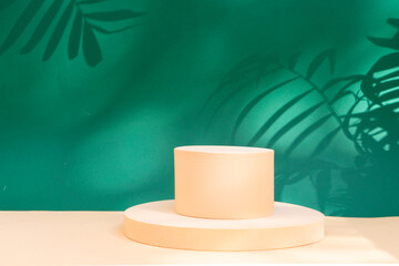 Minimal modern product display on green jungle background with palm leaves and shadow overlay