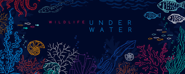 Underwater banner. Vector background with reef landscape. Corals, fish, polyps, shellfish and seaweeds and other sea wildlife. © KsanaGraphica