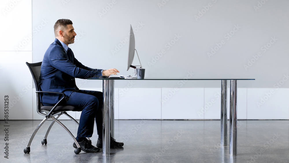 Poster side view of middle aged male manager working on computer in office, sitting at desk and using pc, p