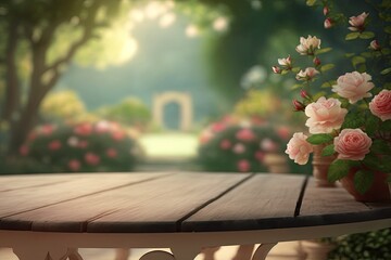 Empty Product Display Table with Rose Garden Background (Generative AI)
