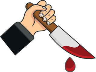 Illustration of a man`s hand killing and murdering someone, with bloody butcher knife .eps
