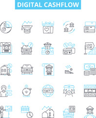 Digital cashflow vector line icons set. Digital, Cashflow, Banking, Payments, Funds, Transactions, Money illustration outline concept symbols and signs
