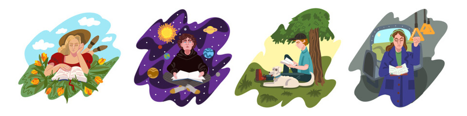 Set of people reading books and have leisure outdoor. Young woman read book at Green Park with flowers. Cartoon fairytale story of reader character in different genres in books. Vector illustration