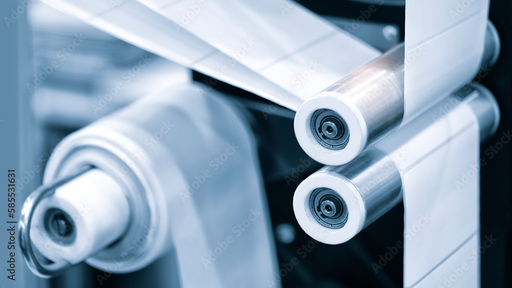 Poster fragment of the conveyor of sticking labeling machine. abstract industrial background.