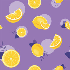A seamless pattern of lemons and lemons on a purple background.