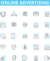 Online advertising vector line icons set. Online, Advertising, Digital, Ads, Marketing, Campaigns, Platforms illustration outline concept symbols and signs