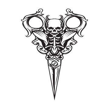 Logo for barbershop, hairdresser, beauty salon. Skull with scissors Vector illustration