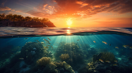 Fototapeta na wymiar Midjourney generated image of a Paradise Found: Underwater Landscape and Island Sunset