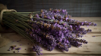 Obraz na płótnie Canvas lavender bouquet on wooden background banner
