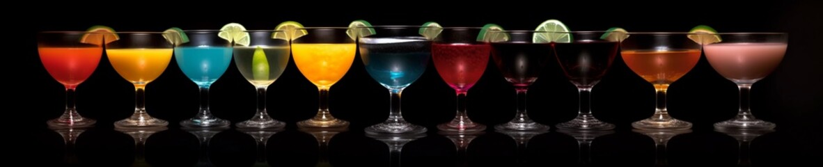Assorted cocktail array on black banner
