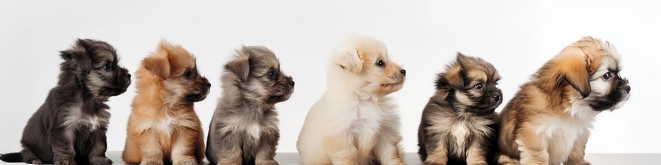 Fototapeta na wymiar Cute puppies sit in a line isolated on white background