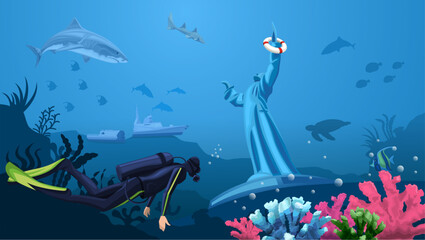 Diver with gear found wreck ship and statue of neptune. Snorkeling deep underwater with fantastic seascape near sunken battleship with sharks and turtle. Biologist explore seabed. Vector illustration