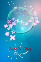 Earth Day Poster Design Template. Blue planet in colors with light effect.
