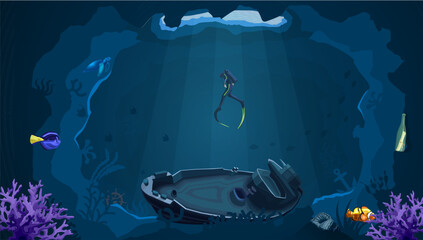 Diver swims deep underwater at dark blue water. Exploring wreck ship poster. Sunken boat on sea bottom with coral reef and fishes. Snorkeling in cave with sunbeams under water. Vector illustration