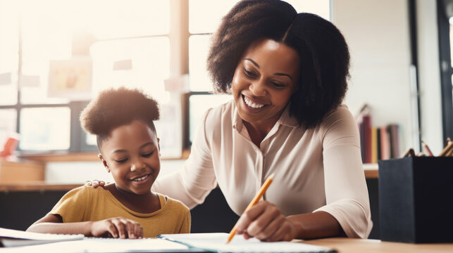 Diversity And Minority Representation In Education: Smiling Black BIPOC, Female Teacher Helping A Student In The Classroom. African American Educator Helping A Young Student In Classroom Generative Ai