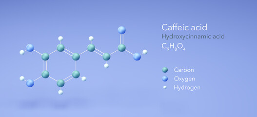 caffeic acid molecule, molecular structures, hydroxycinnamic acid, 3d model, Structural Chemical Formula and Atoms with Color Coding