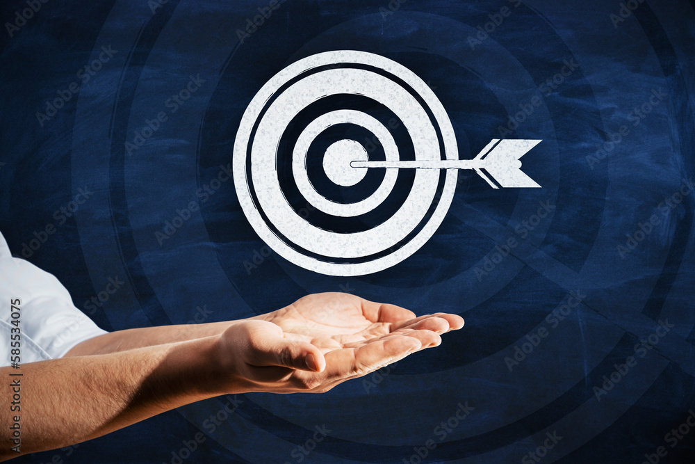 Poster close up of businessman holding hand drawn target and arrow on blue background. goal and targeting c