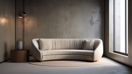 Industrial style living room interior background, with concrete wall, minimal designed sofa next to a french window