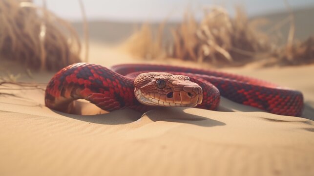 Red poison snake on sand