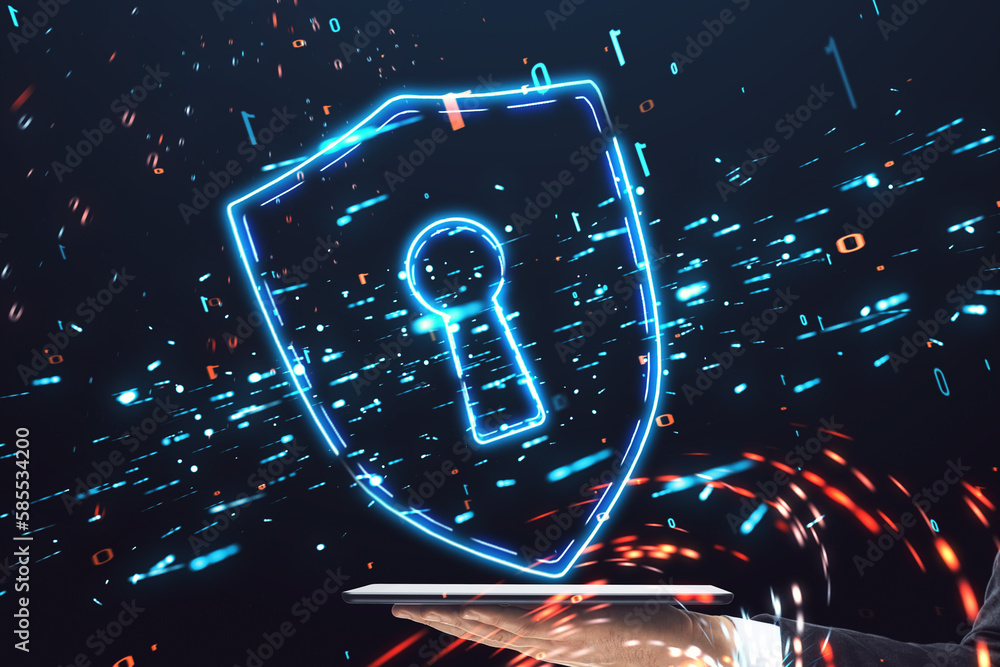 Poster close up of hand using mobile phone with glowing safety shield icon on blurry dark background. secur