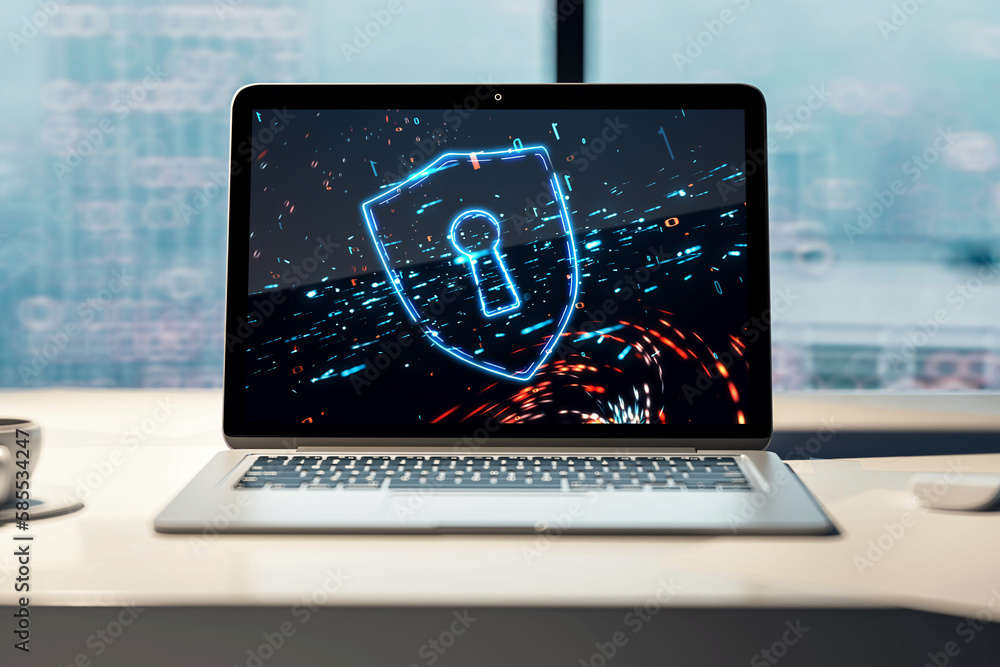 Aufkleber Close up of laptop with safety shield icon on screen and on blurry window with city view background. Desktop with coffee cup. Secure, protection and web surfing concept. 3D Rendering.