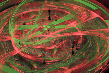 Red green pattern of crooked waves on a black background. Abstract fractal 3D rendering