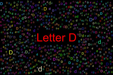 Letter D with tiny colorful letters D all over the place. The title latter D is in red color and the background is black.