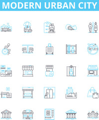 Modern urban city vector line icons set. Urban, Modern, City, Skyscrapers, Metropolis, Subway, Crowds illustration outline concept symbols and signs